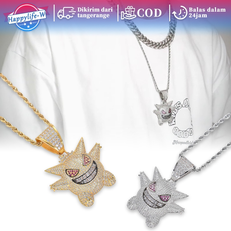 Kalung Hip Hop Pria Wanita Kalung Hip Hop Berlian Imitasi Liontin Kalung Anime Monster Kecil