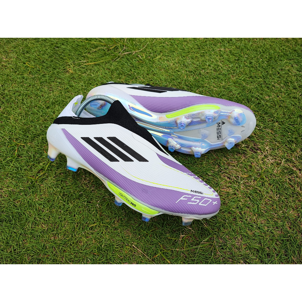 Sepatu Bola Adidas F50+ laceless tanpa tali Messi FG - Ftwr White Core Black Unity Purple