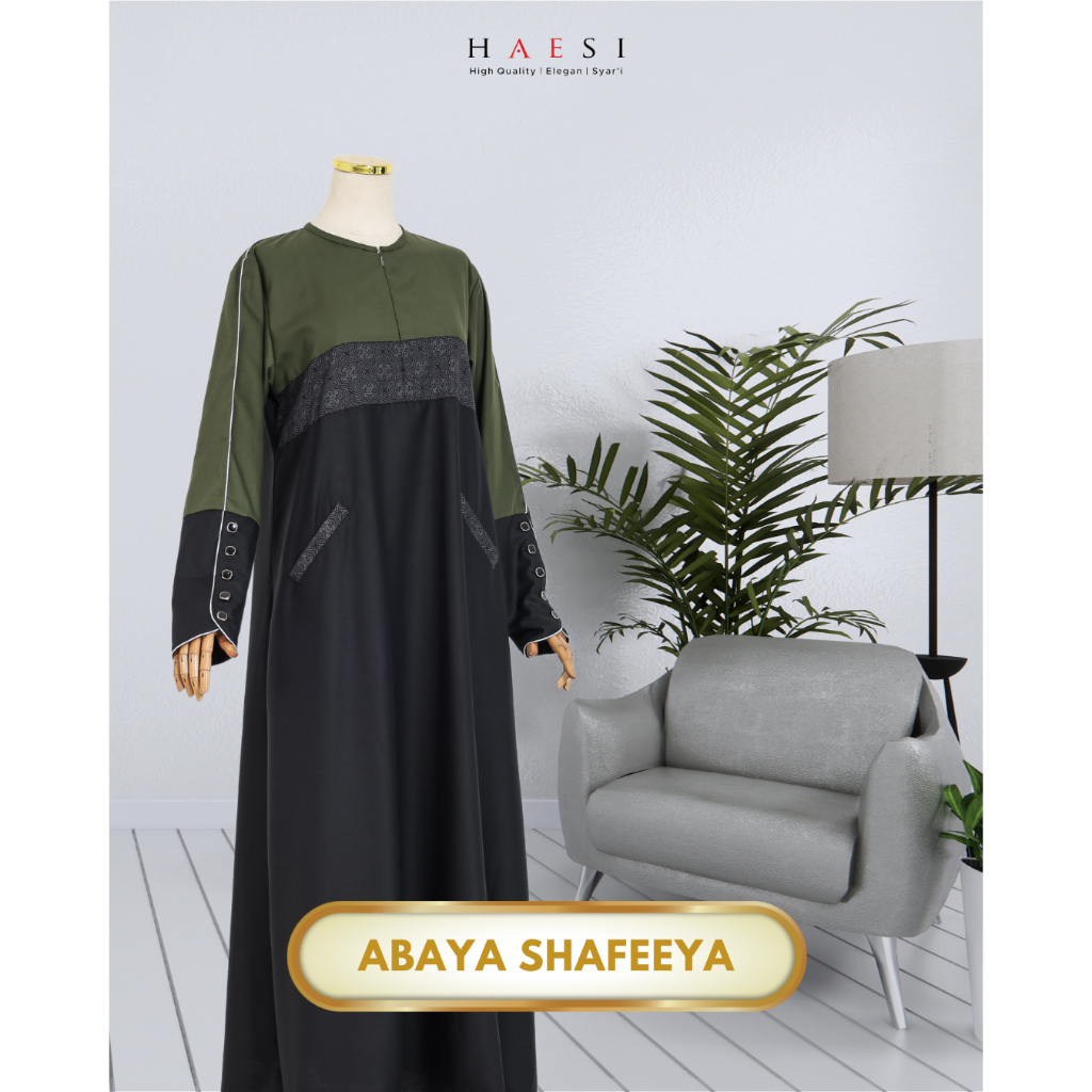 ABAYA SHAFEEYA Army Black | Gamis Wanita Muslimah Premium Katun Polos Kombinasi Batik