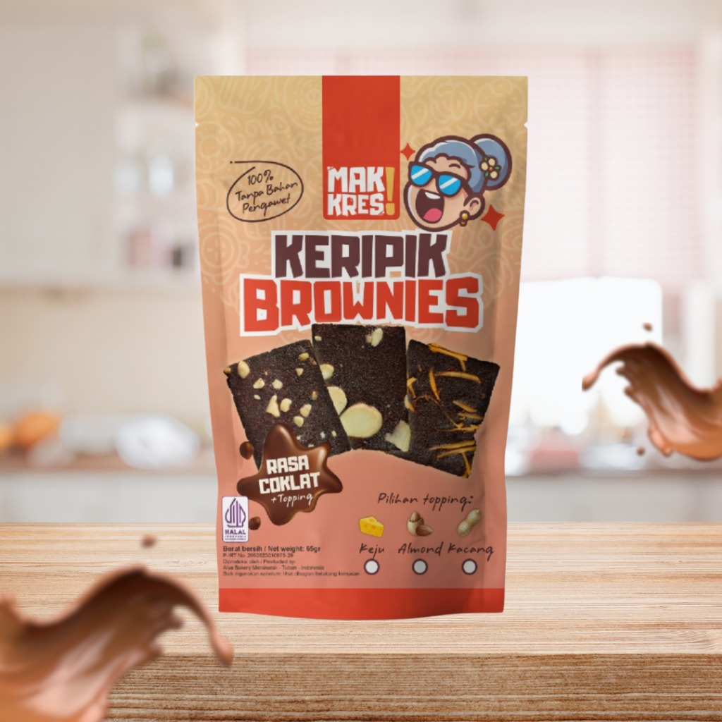 

MakKres! Keripik Bronis Brownies Chips Crispy Coklat 65gr - Topping Almond, Keju, Kacang Tanah