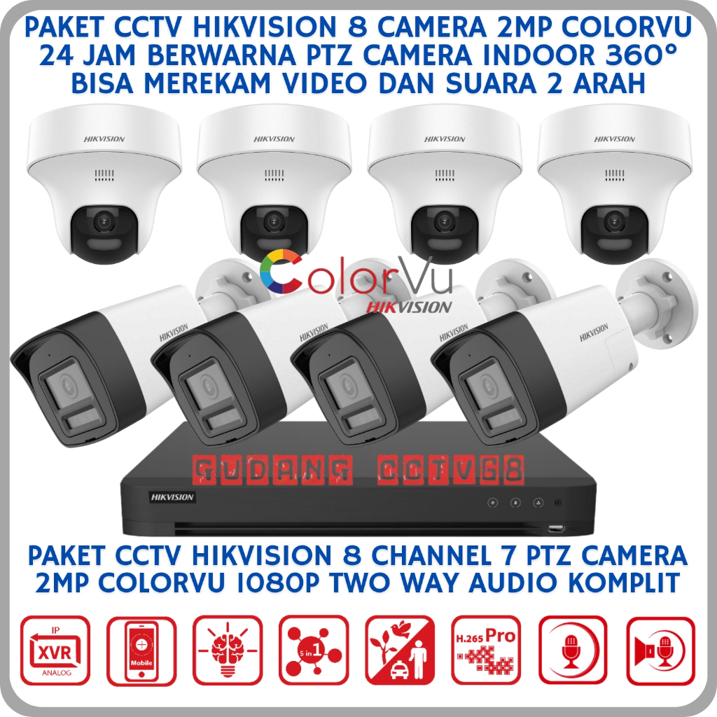 PAKET CCTV HIKVISION 8 CAMERA 2MP COLORVU TWO WAY AUDIO SERIES 1080P CAMERA CCTV SUARA 2 ARAH 360°
