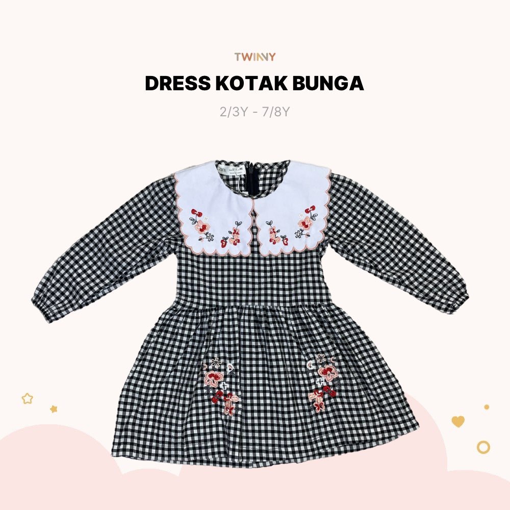 TWINNY KIDS -  Pakaian Baju Dress Motif Kotak Rempel Bunga Anak Perempuan Zara Import Ori Usia 2-8Y 