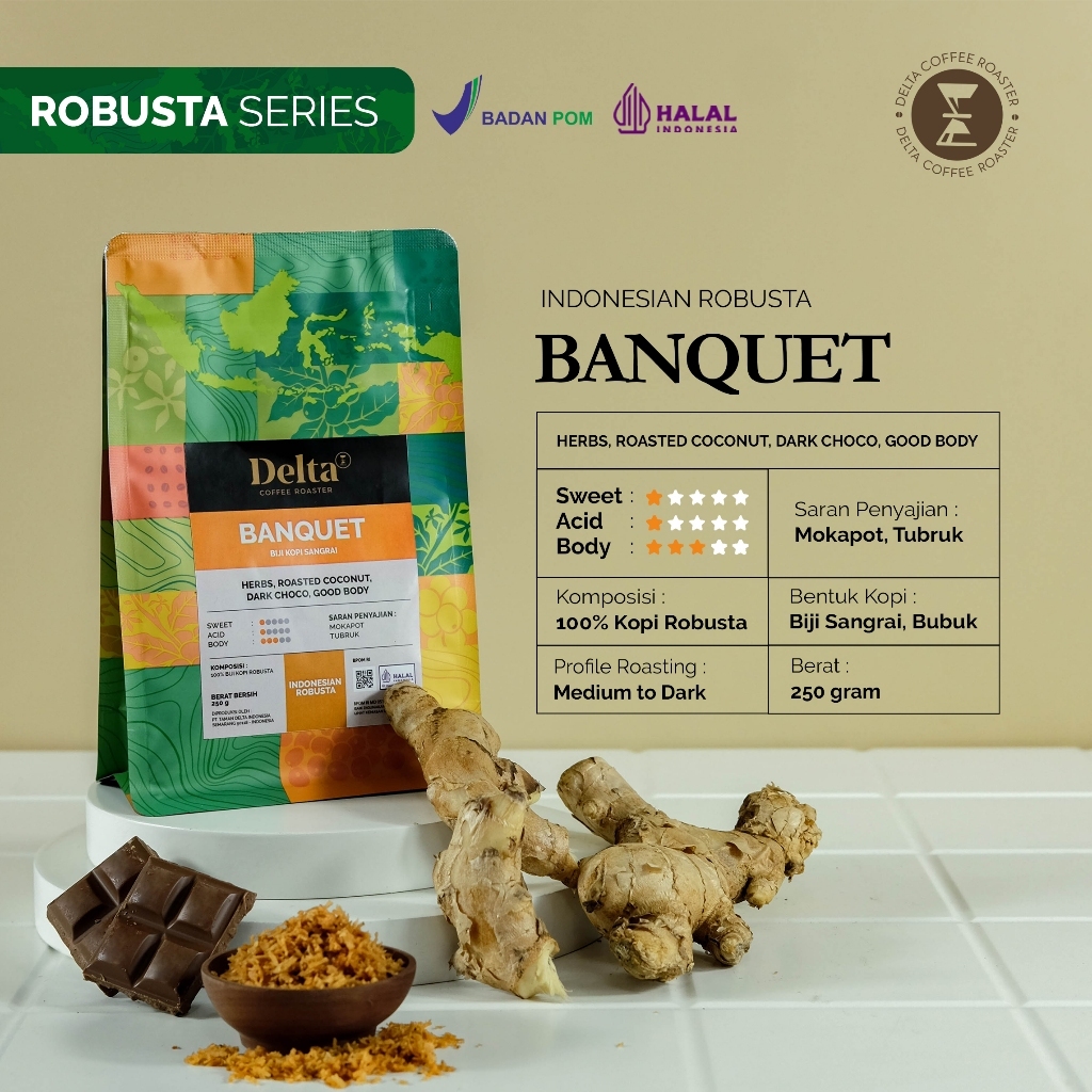 

Kopi Robusta - Banquet Medium to Dark Roast Coffee 100% Asli Tanpa Campuran