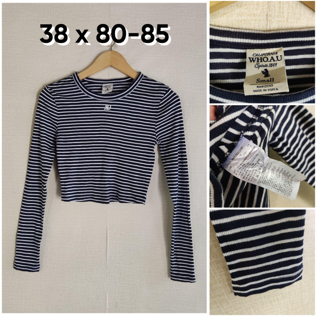 Sweater Crop WHO AU Vintage Navy Salur Putih Size S Wanita Lidi JH687