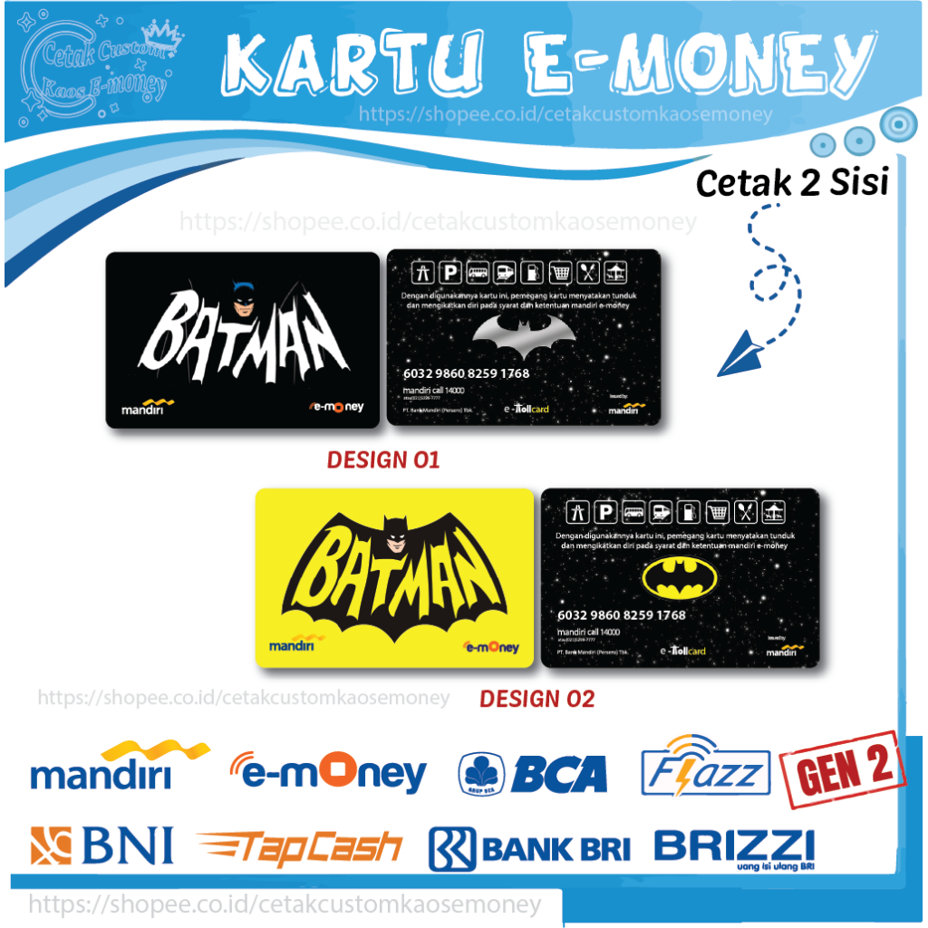 KARTU E MONEY E TOLL GAMBAR LOGO BATMAN KUMPULAN SUPERHERO EMONEY MANDIRI BNI TBRI BCA - 2 SISI