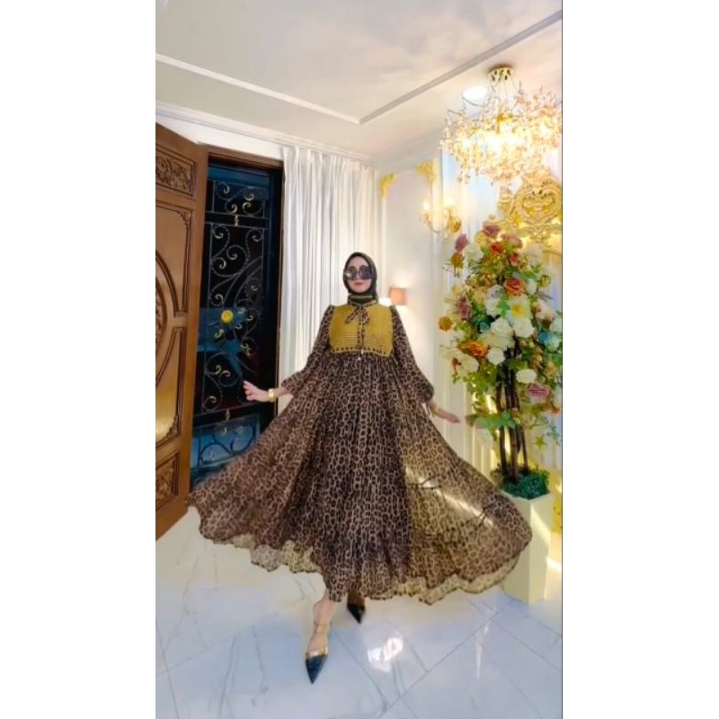 New Midi Dress Gamis Leopard Lebar 7 Meter Shr Ori