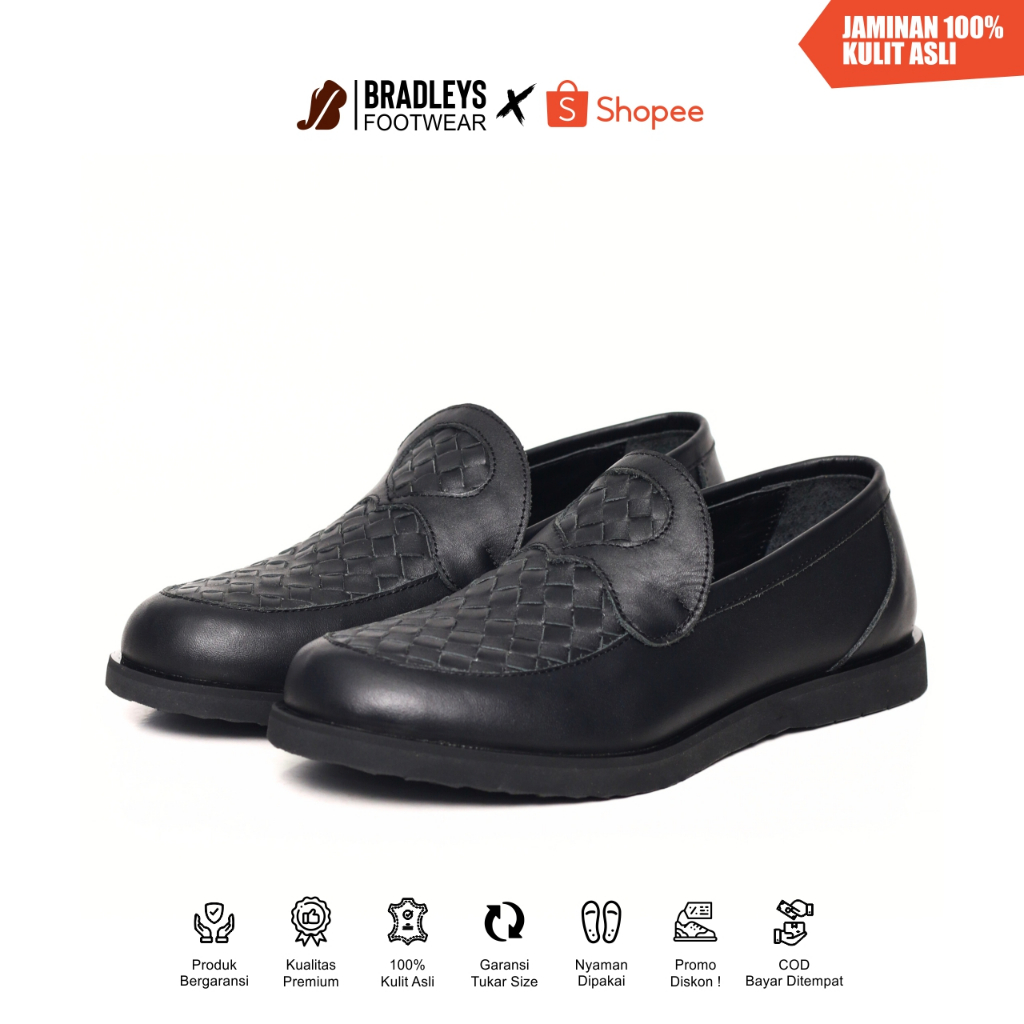 Bradleys Botega Black Sepatu Kulit Asli - Sepatu Formal Slip-On Pria | Genuine Full Grain Leather | 