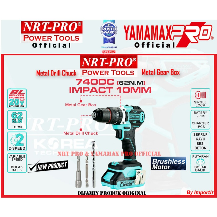 NRT-PRO DC 740 HD Mesin Bor Cordless Drill 10MM Baterai Batre Tangan Beton Impact Tembok Charger Cas