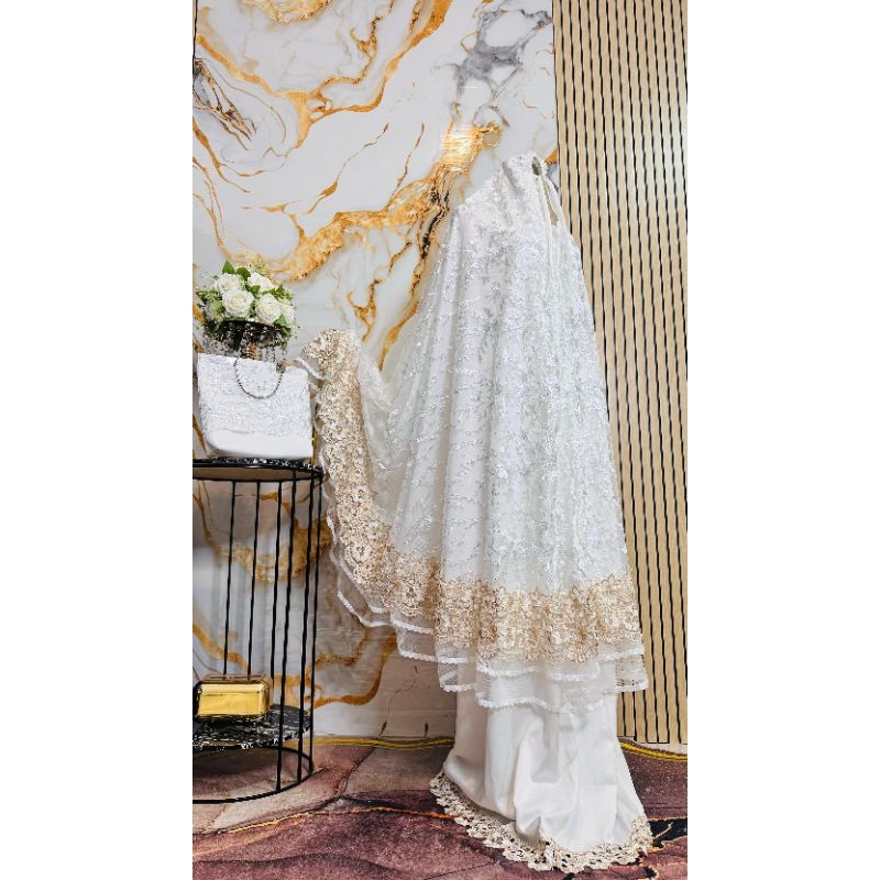 MAULA - MUKENA SUTRA VELVET BRUKAT MEWAH ( READY STOK)/MUKENA BRUKAT SUTRA PUTIH /MUKENA BRUKAT PUTI