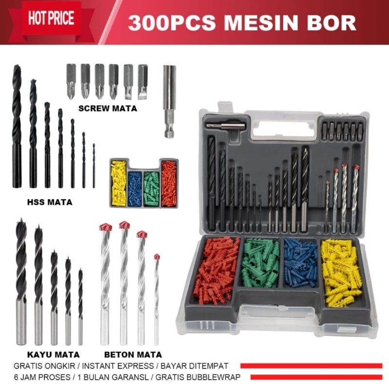SET DR 300 PCS Mata Bor Besi Baja Kayu Beton Kombinasi Skrup Baut Fisher Tembok Twist Drill Bit Set