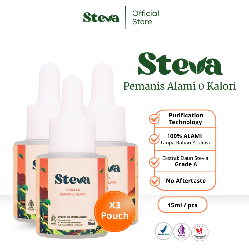 

STEVA Gula Stevia Tetes Original 0 Kalori BPOM & Halal MUI - 15 mL Isi 3 Pcs