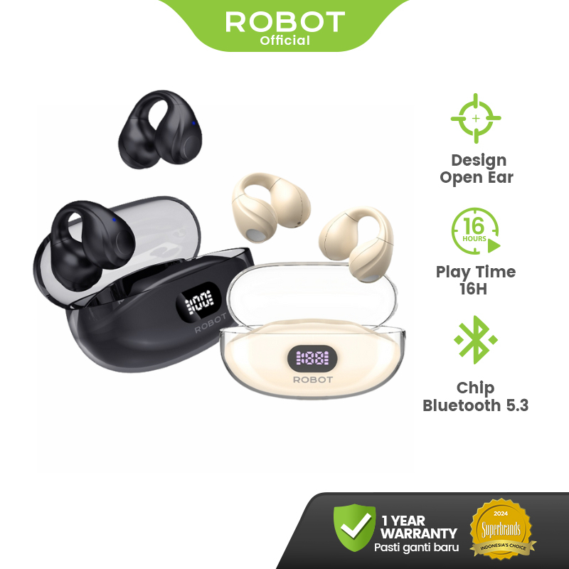 ROBOT TWS Open Ear Clip Style LED Display Earphone Bluetooth 5.3 OWS Air 10 Original -  Garansi 1 Ta