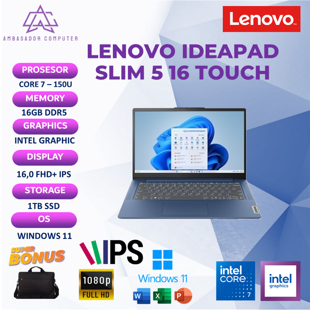 Lenovo Ideapad Slim 5-16 Touch Core 7 150U 16GB 1TB Windows11 Full HD IPS