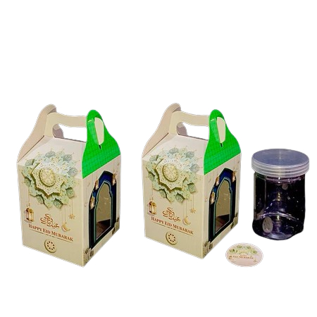 

( 5 pcs ) gable box jendela mika kemasan 1 toples tabung 600ml dus tenteng motif lentera hijau muda bahan duplex ukuran 10x10x12 cm