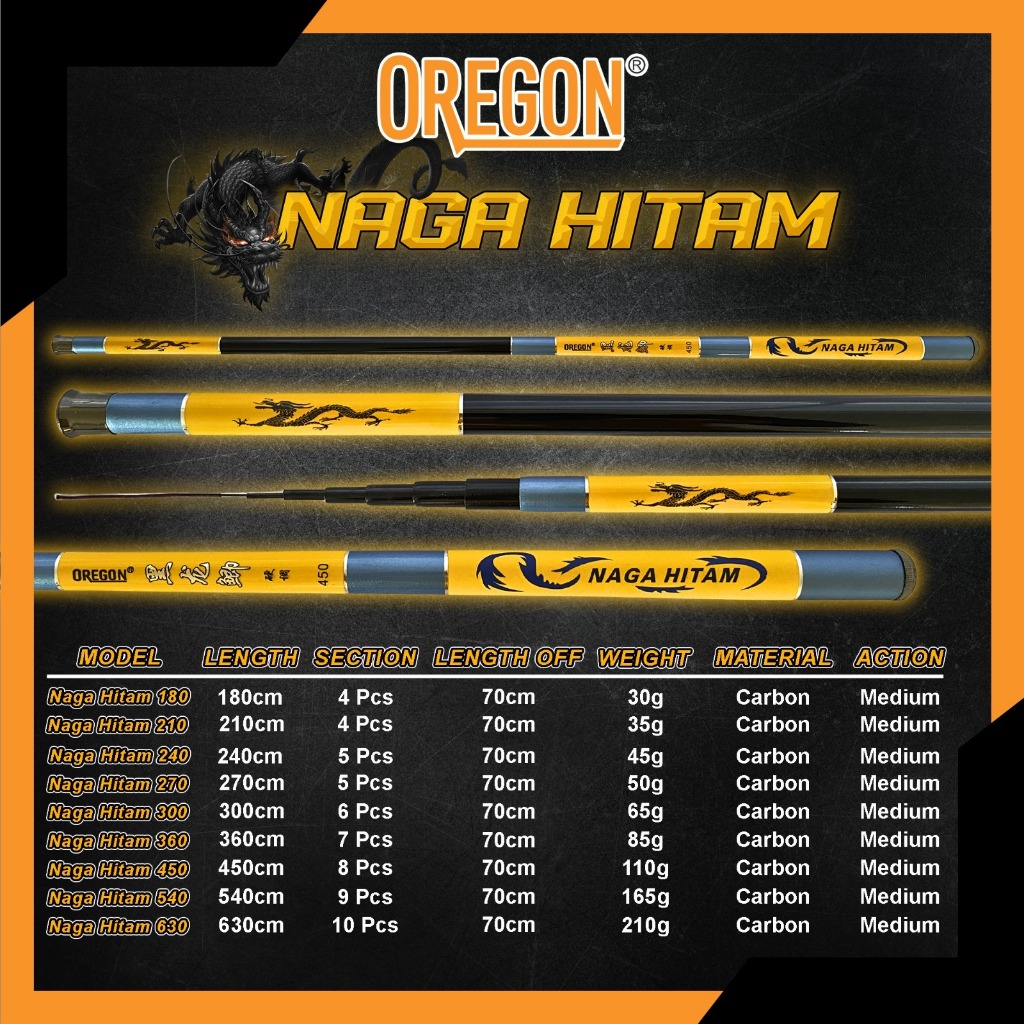 Joran Pancing Tegek Oregon Naga Hitam Carbon Medium 360 450 540 630 Cm Ruas Panjang Tegek Kuat Ringa