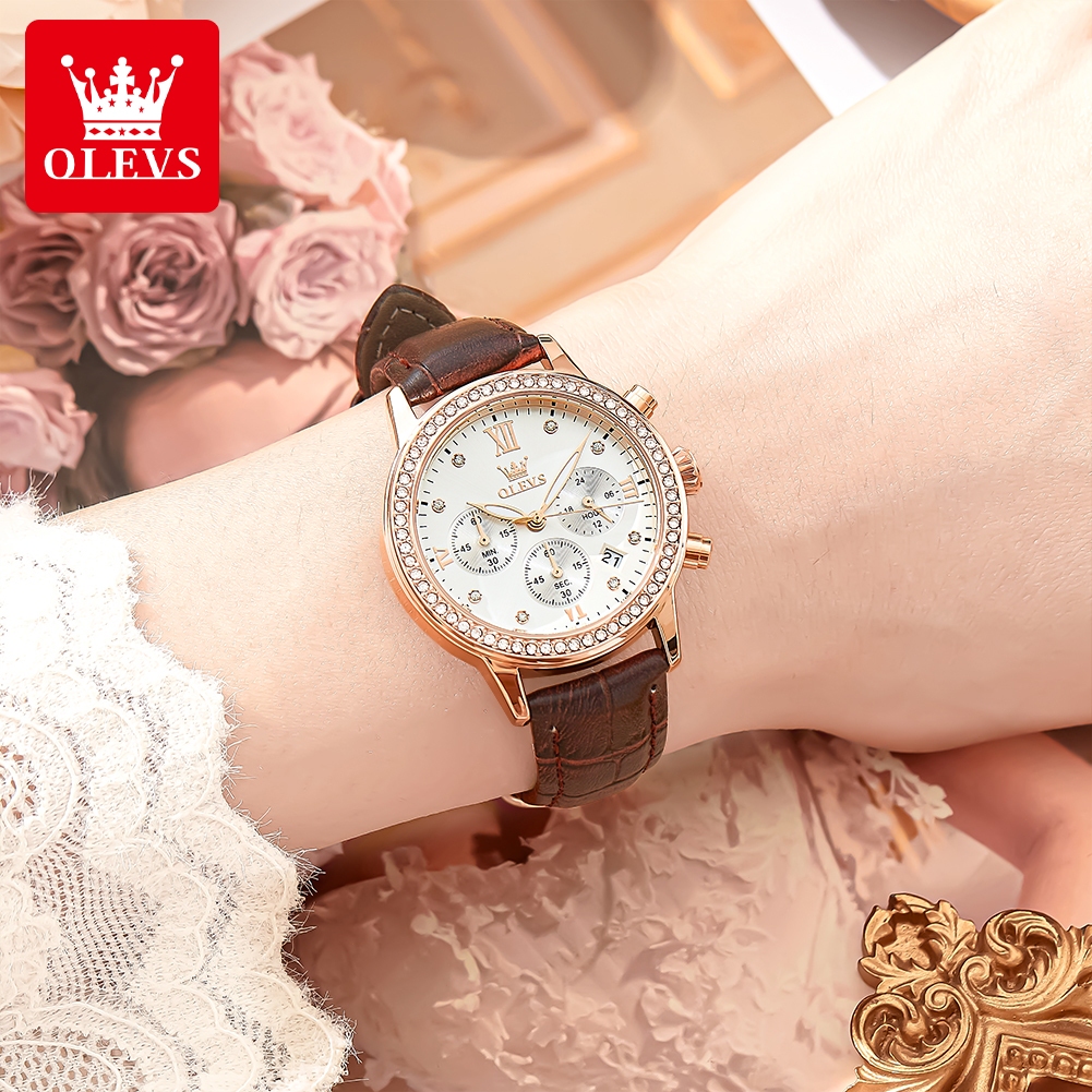 OLEVS Jam Tangan Wanita Anti Air Original Mewah Set Kalung Gelang Bercahaya Kalender Quartz Watch