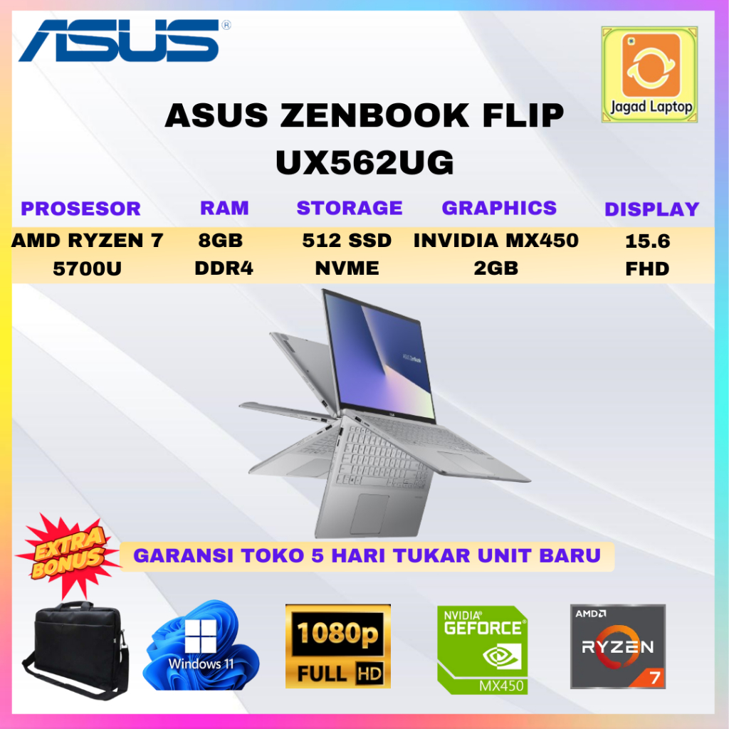 Asus Zenbook Flip 15 ryzen 7 5700 nvidia mx450 2gb memori 8gb 512Ssd windows 11 Full Hd