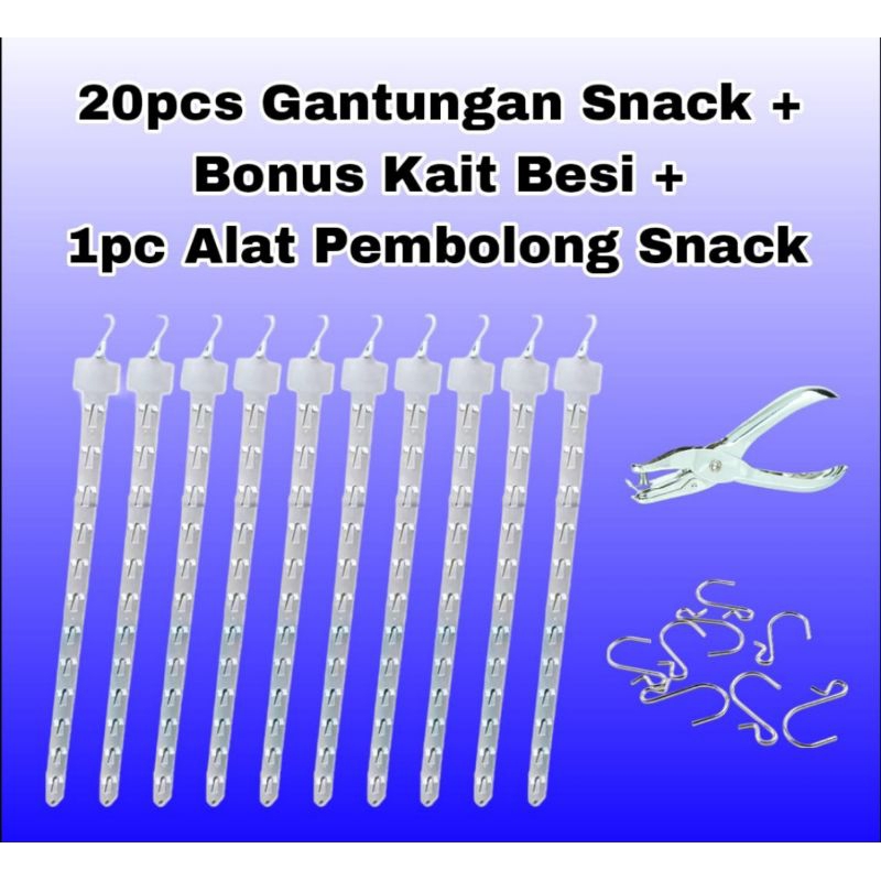 

Paket Hemat 20pcs Gantungan Snack (12 Strip) + Bonus kait, dan 1 Alat Pembolong Snack.