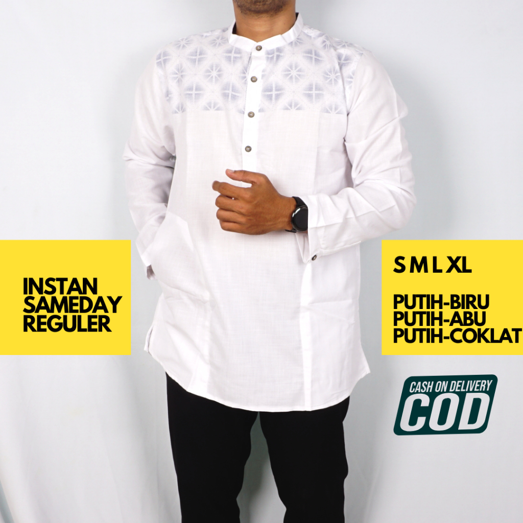 BAJU KOKO PANJANG PUTIH MOTIF PINGGIR EKSLUSIF BY ARAHMANDA BAHAN SOFT COTTON