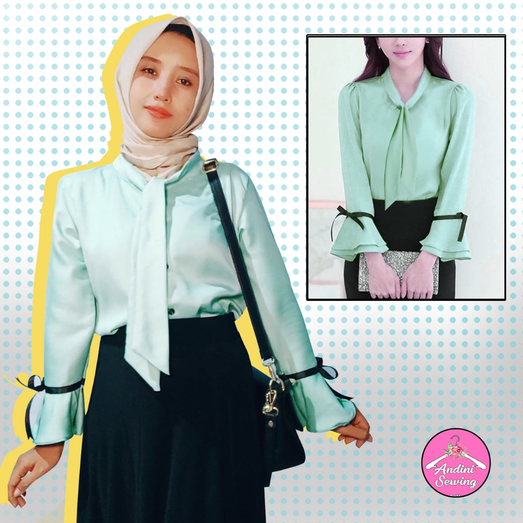 Baju Atasan Wanita Style Korea Dasi Pita dan Pita Hitam