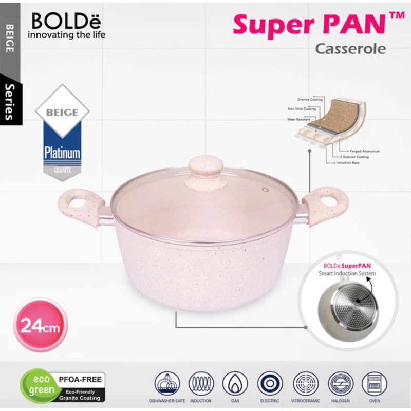 Bolde Superpan Casserole 24cm + Lid Glass Beige - Panci Bolde Plus Tutup Kaca - Panci
