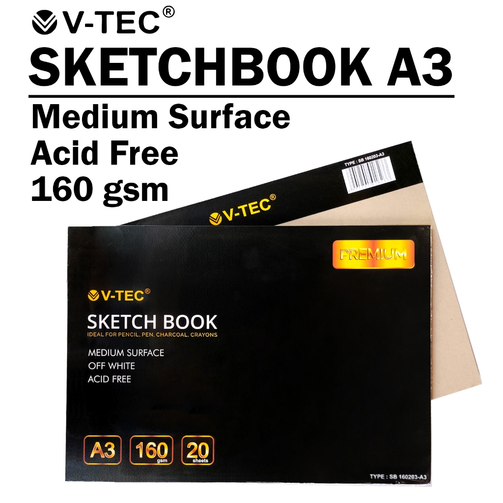 

V-tec Premium Sketchbook A3 - Artist Sketchbook - 20 Sheets 160 gsm- untuk Pensil, Pena, Arang, charcoal, krayon - Medium Surface - Off White - kertas acid Free
