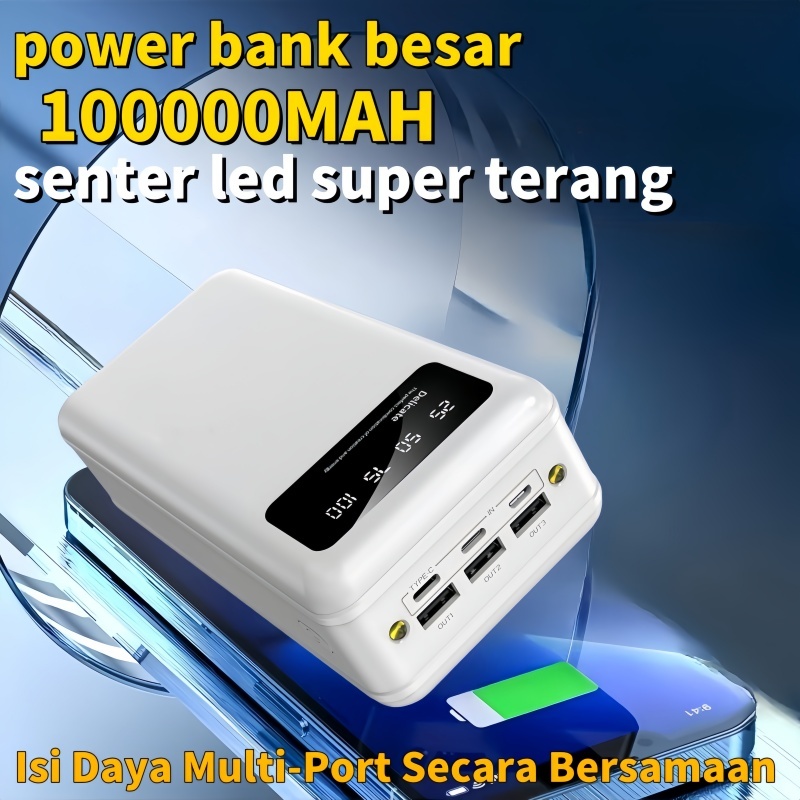 Power Bank 100000mAh 3 Input & 3 Output Senter LED Super Terang Kapasitas Besar Bisa untuk HP