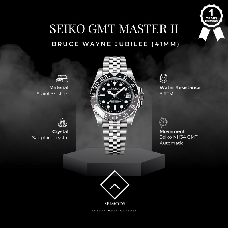 Jam Tangan Seiko Mod Seikolex Bruce Wayne GMT Master 2 Jubilee NH34 Automatic Watch