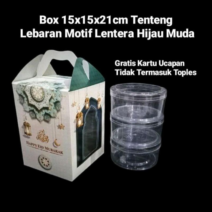 

Kotak Packaging Kue Kering Idul Fitri Box hampers Cookies Lebaran Motif Lentera Hijau Muda 15x15x21 Isi 3 Toples 500Gr