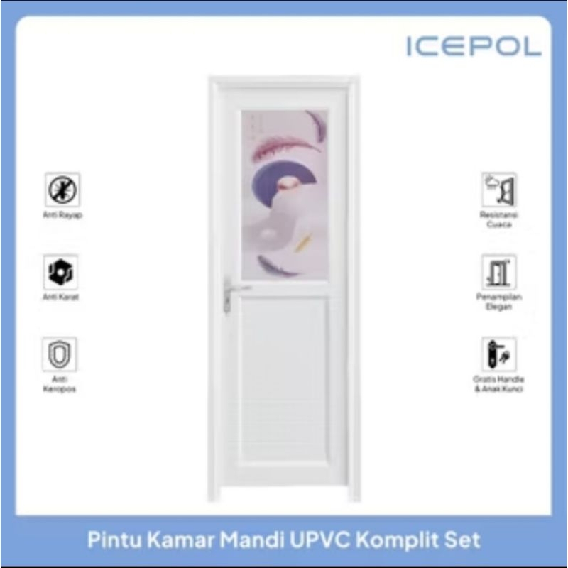 Pintu Kamar Mandi Icepol UPVC kaca Set Kusen Handle