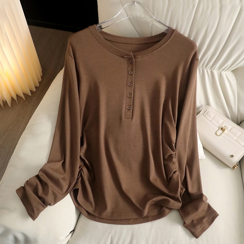 Kaos Lengan Panjang Kerah Bulat Lipit Kancing Coklat Atasan Fashion Wanita Gaya Korea