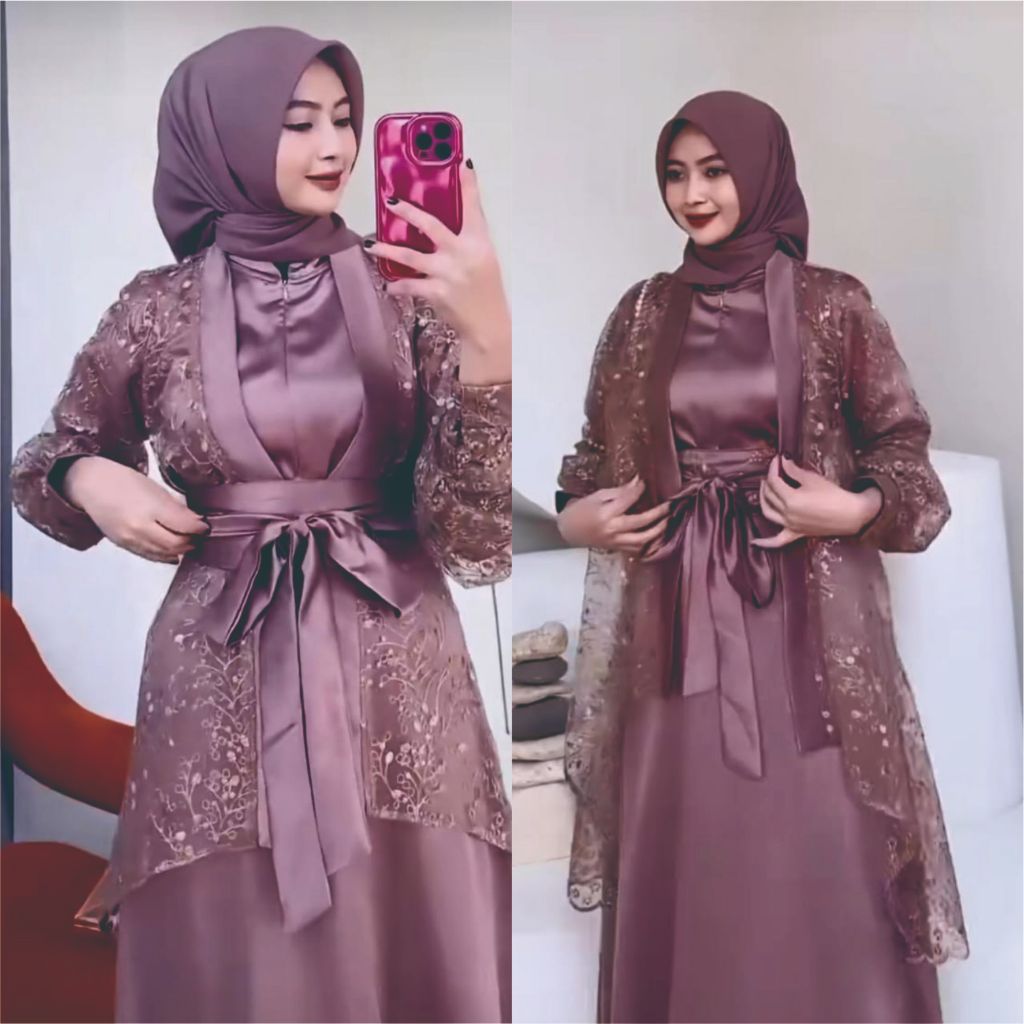 Fuji Dress Oneset Kimono Baju Muslim Wanita Kondangan Bridesmaid Wisuda Tile Bordir Motif Kekinian