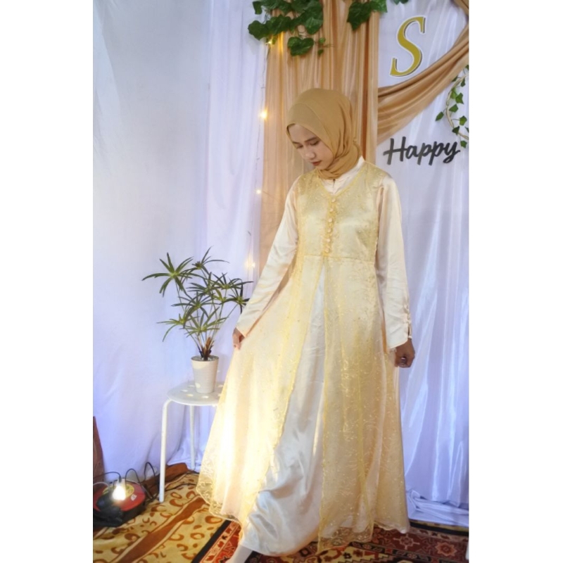 Baju Brukat Cantik Cewek Dress Gold | Gamis Handmade Lucu Mute PASTHAWL Pesta | Premium Satin Tile M