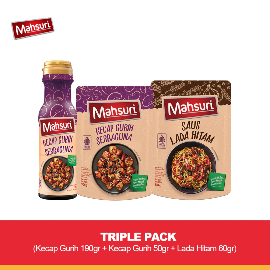 

Triple Pack: Mahsuri Kecap Gurih Serbaguna 190 gr + Mahsuri Kecap Gurih Serbaguna 50 gr + Mahsuri Saus Lada Hitam 60 gr