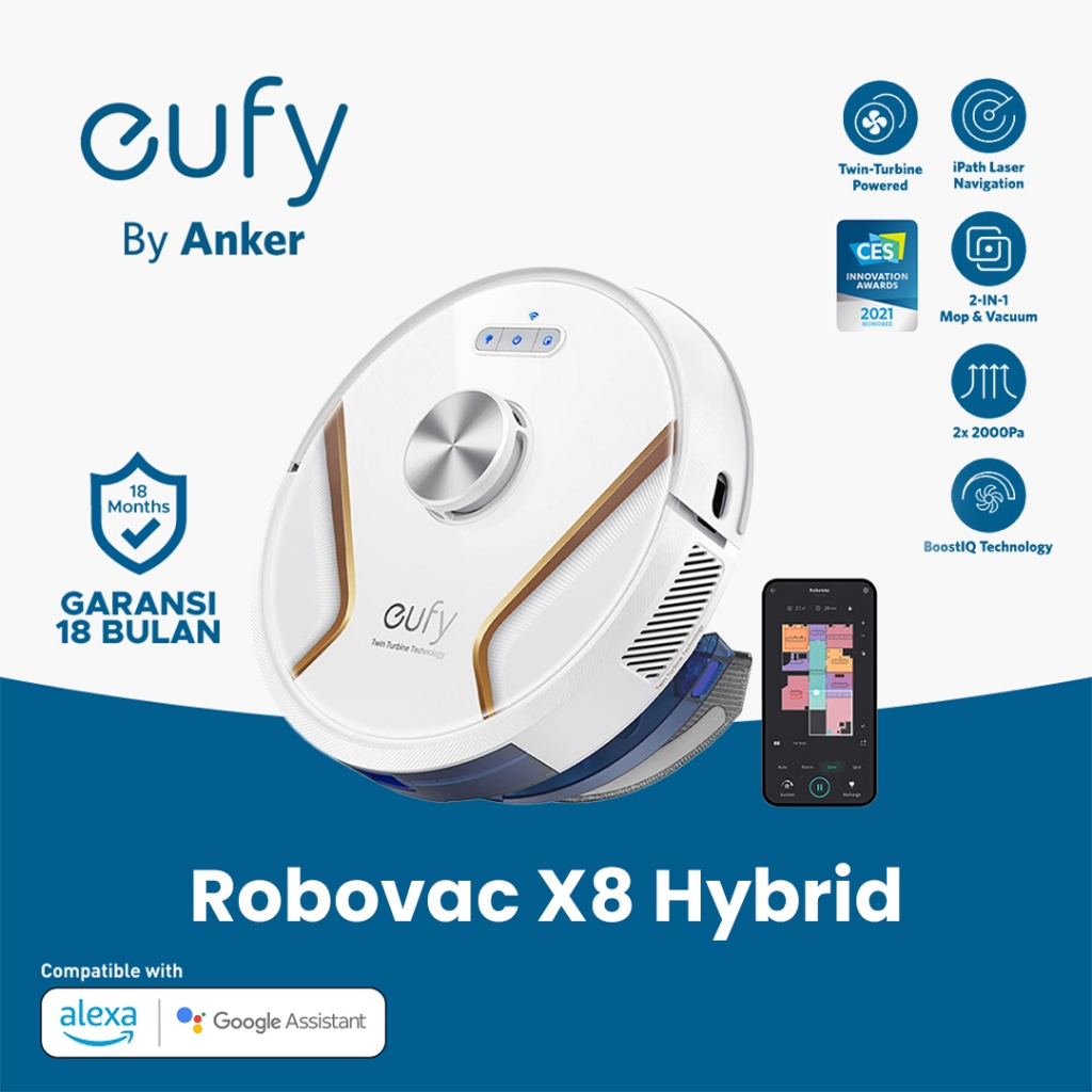Eufy X8 Hybrid - Robot Vacuum dan Mop, 2000 Pa Suction Power, 150 m² Coverage Area, Round Shape, White