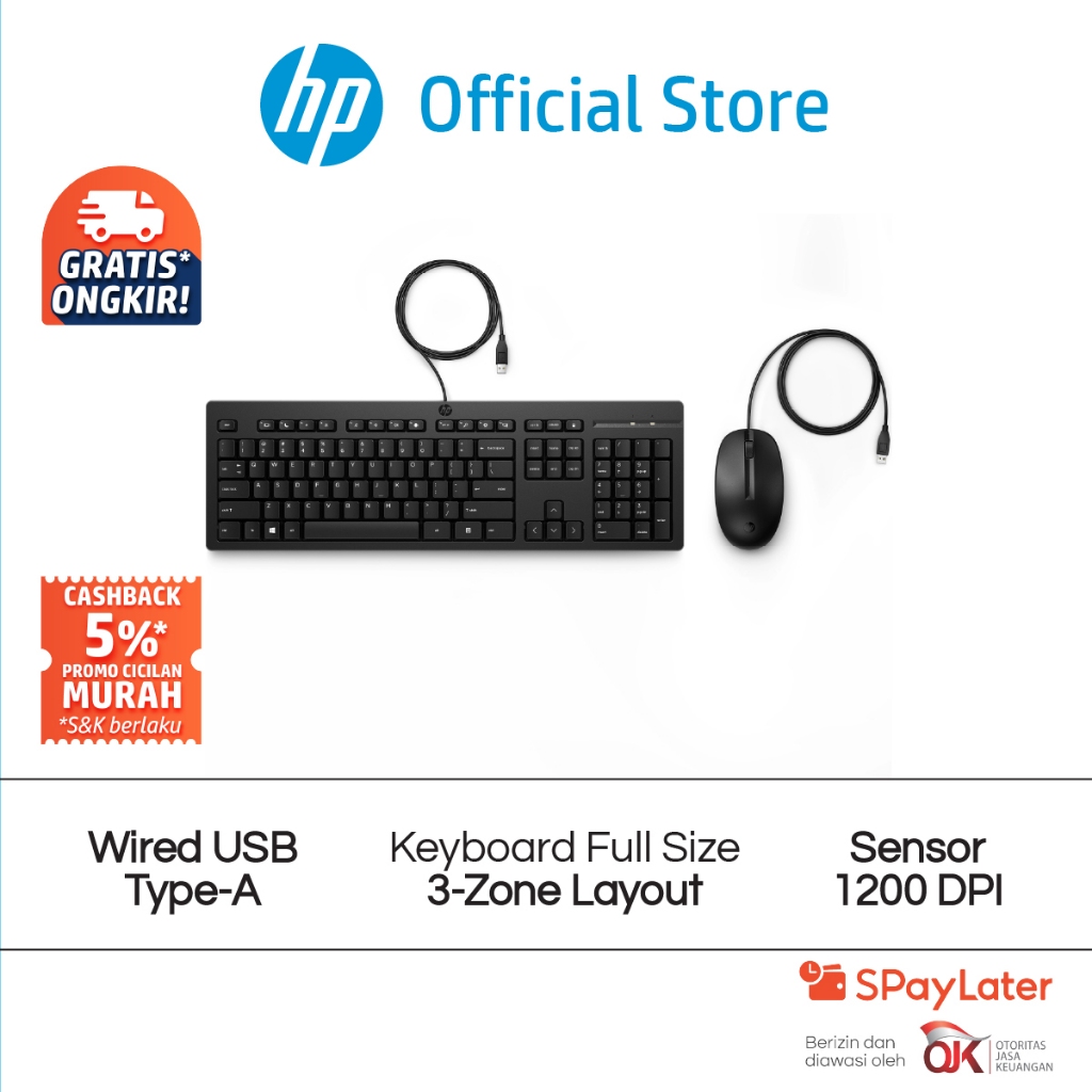 Wired Mouse and Keyboard Combo HP 225 Black Wired USB Type-A 1200 DPI Garansi 1 Tahun Promo Murah Gr