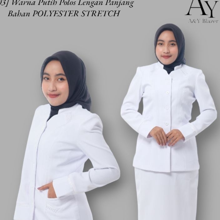 HJ6 4 AY Blazer Baju Seragam PDH Wanita Warna PUTIH POLOS Bahan Polyester Stretch  Semiwol  Seragam 