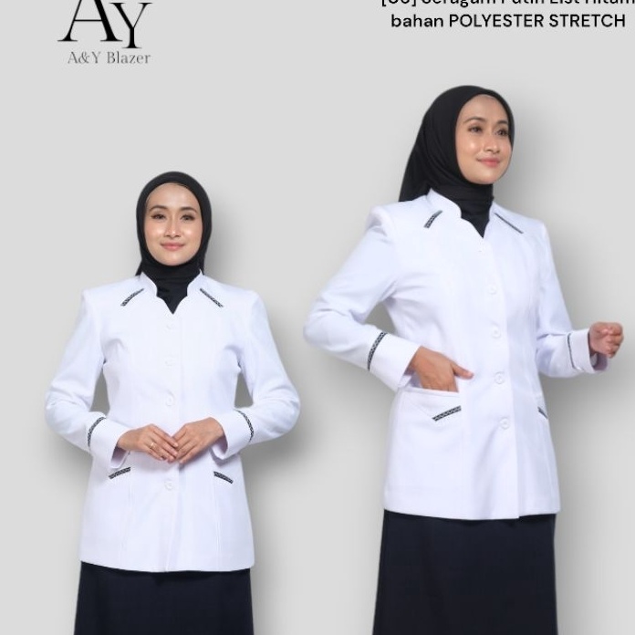 KI3 5 AY Blazer Baju Seragam PDH Guru  PNS PPPK P3K Wanita Warna PUTIH LIST HITAM  Bahan Polyester S