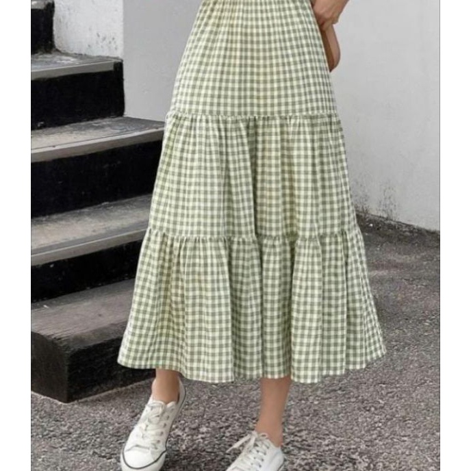 Eksklusif Rok Susun Bahan Katun Kotak Rok Panjang Rok