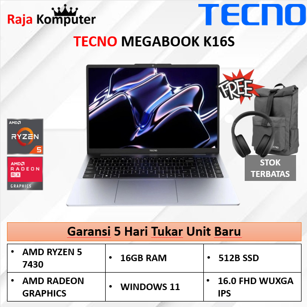 LAPTOP TECNO MEGABOOK K16S RYZEN 5 7430 16GB 512GB W11 16.0WUXGA IPS SILVER