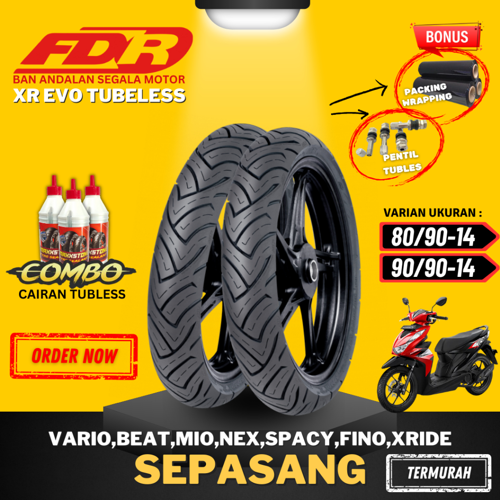 [COMBO SEPASANG] BAN FDR SPORT XR EVO RING 14 / ( 80/90-14 & 90/90-14 ) BAN FDR TUBELESS TUBLES RING