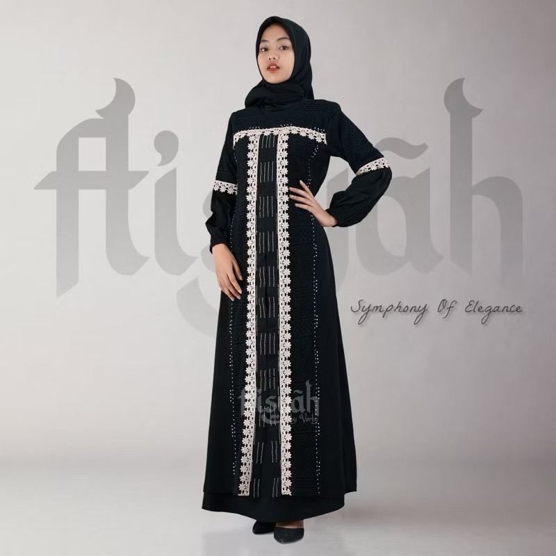 AISYAH054 Gamis brukat hitam wanita dewasa renda mewah ukuran M L XL XXL LD 120 jumbo - Dress tile