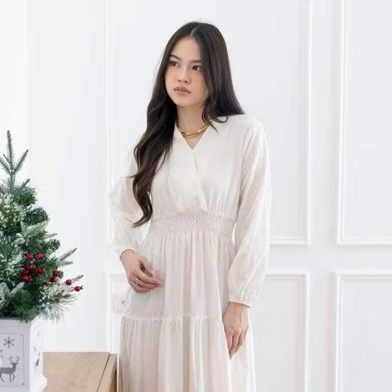 DRESS MAURA LENGAN PANJANG/DRESS KOREA STYLE/DRESS V NECK/DRESS KEKINIAN