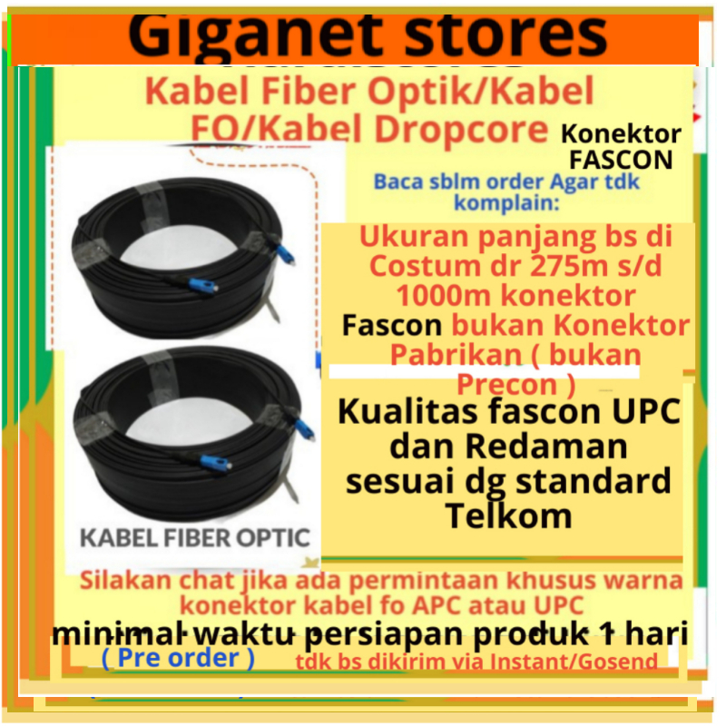 Kabel Fiber Optik Dropcore FTTH Kabel FO Fascon Kabel Wifi 500 meter Siap pakai Bergaransi