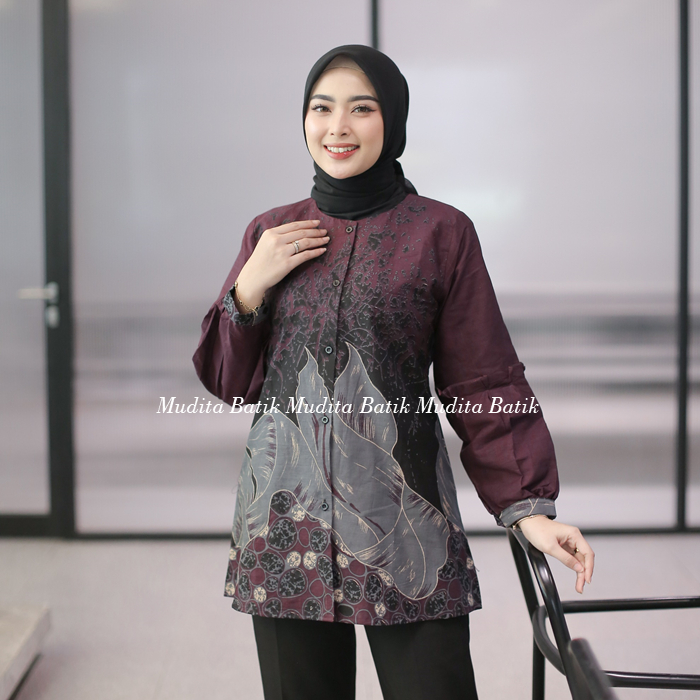 Batik Mudita Motif Asyifa Batik Wanita Modern Lengan Panjang Lapis Trikot Warna Ungu Burgundy Premiu