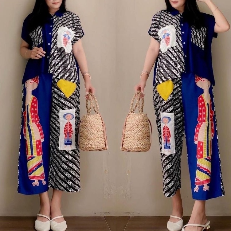 KODE A55W Semerbak Setelan Celana Blus Rayon Halus Kancing Krah Saku Mbok Tejo Jumbo kombinasi batik