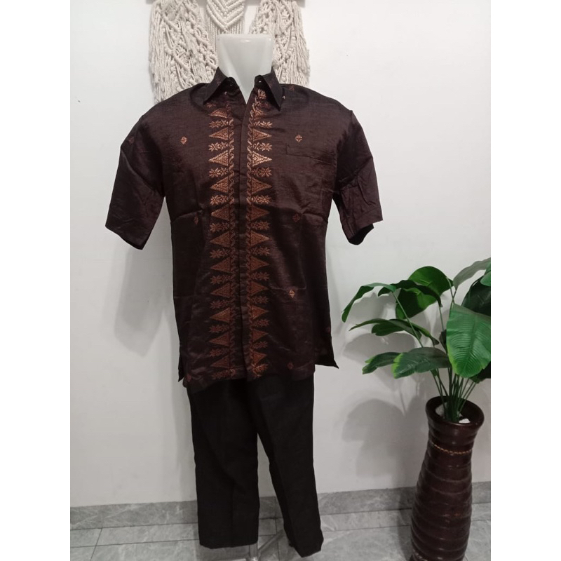 songket silungkang kemeja pria lengan pendek full kristal premium