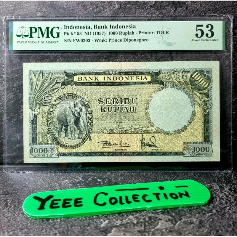 Uang Kertas Kuno Gajah 1000 Rupiah Tahun 1957 PMG 53 - FW 0203