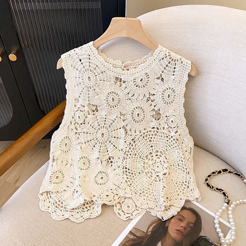 Rompi Rajut Katun Krem Wanita Bunga2 Retro Korea Style