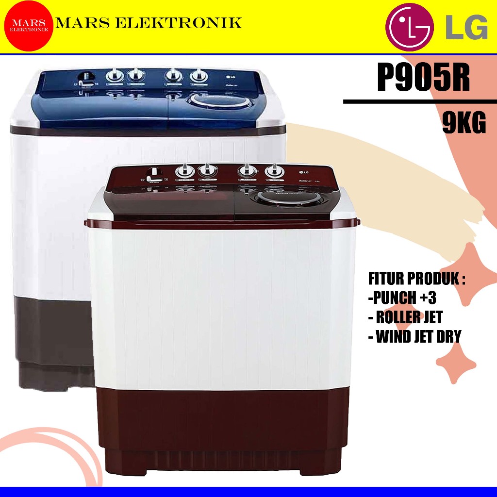MESIN CUCI LG  P905R - 9 KG - GARANSI RESMI - TOP LOADING 2 TABUNG - ROLLER JET PULSATOR - P 905 R -